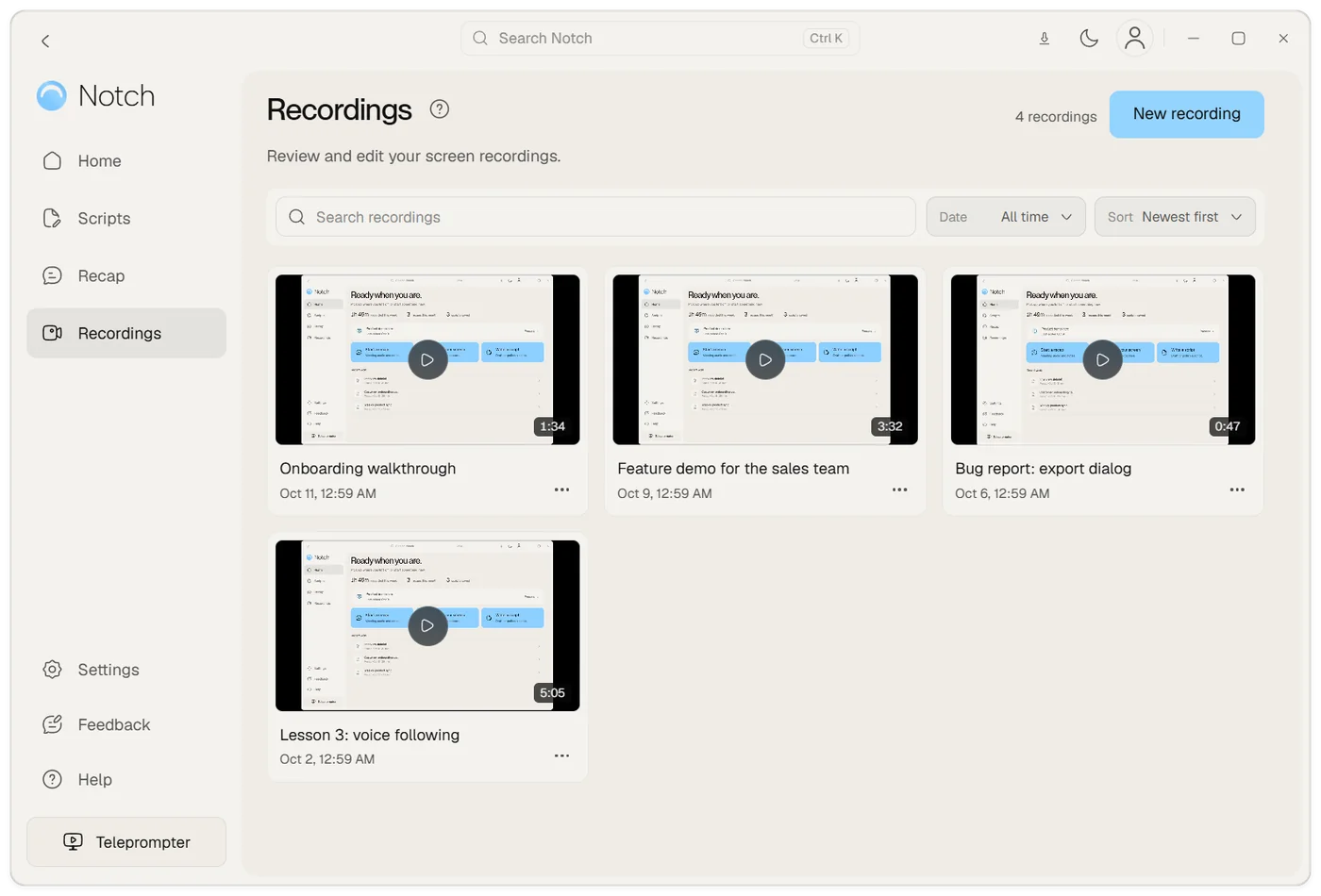 The Recordings page, with a search box, Date and Sort filters and a card for each recording