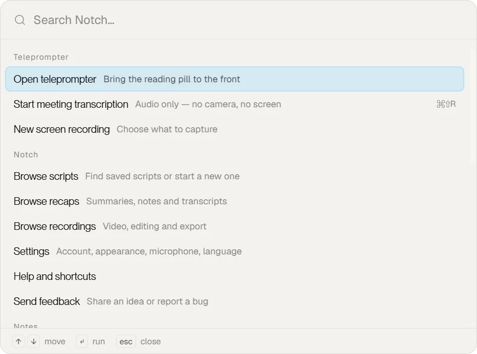 The Notch command palette listing teleprompter, recording, recap, scripts, settings, help and feedback actions