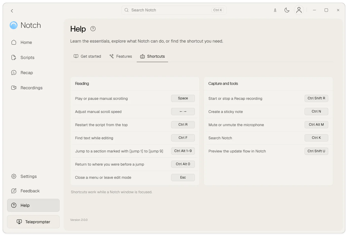 The Shortcuts tab of Help, listing keys for reading, jumping to a section, starting a recap, muting the microphone and searching Notch