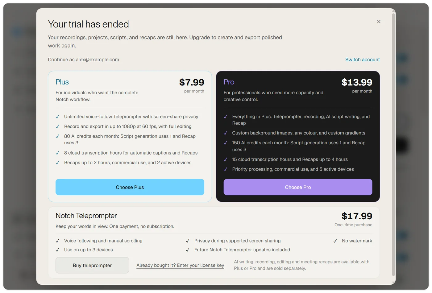 The plans dialog showing Plus and Pro with their allowances, and the one-time Notch Teleprompter purchase below