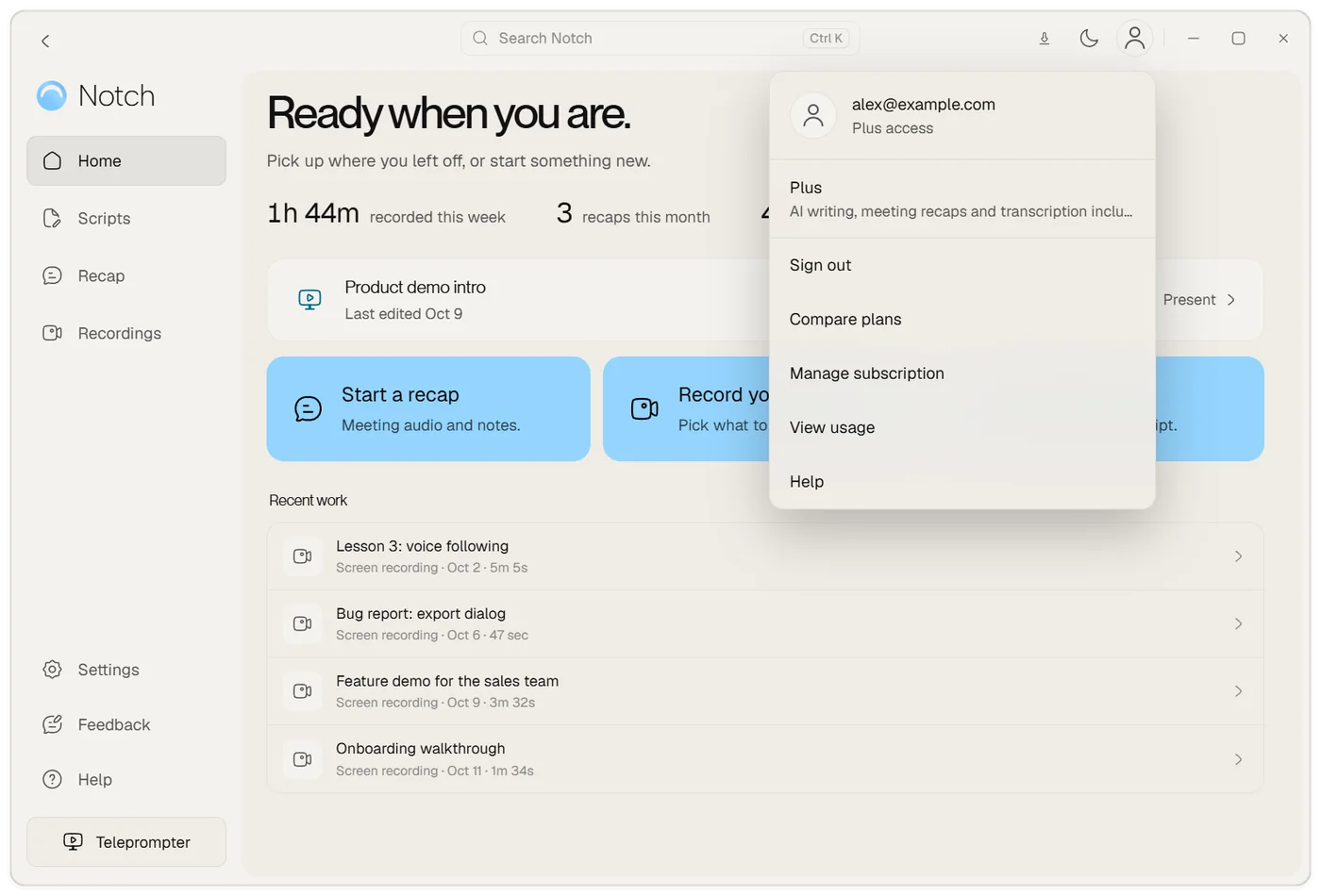 The profile menu opened from the person icon at the top right, showing the account email, your plan and options to sign out, compare plans, manage your subscription and view usage