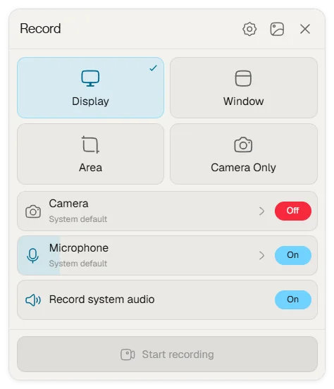 The Notch recording panel with Display, Window, Area and Camera Only, plus camera, microphone and system-audio switches