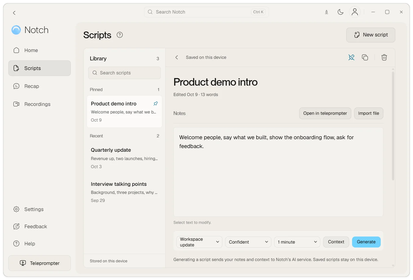 The Scripts page with a library of saved scripts on the left and a script's title, notes and Generate controls on the right