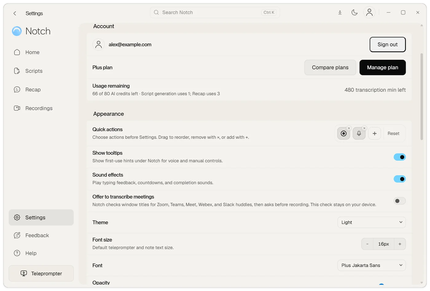 Settings, Account section, showing the signed-in email, the current plan with Compare plans and Manage plan buttons, and the usage remaining