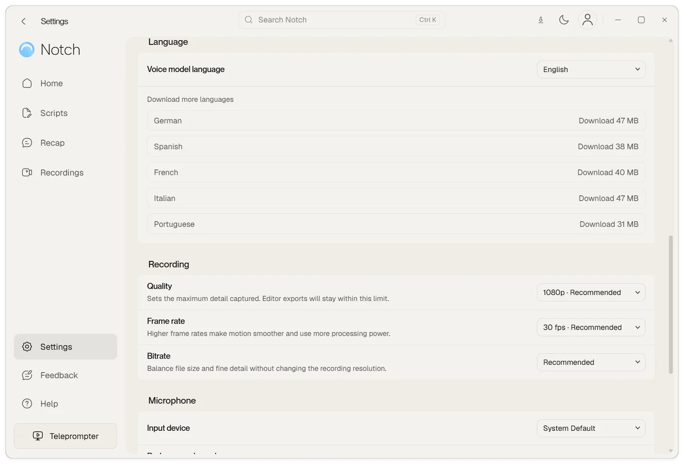 Notch Settings with the Voice model language menu and a Download more languages list showing each file size