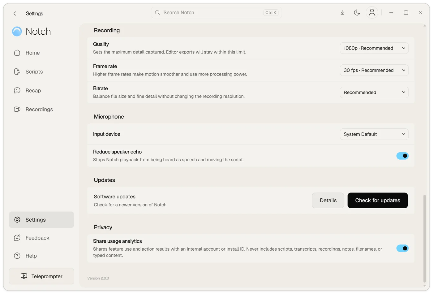 The bottom of Settings, showing the microphone, software updates and Privacy sections with the Share usage analytics switch