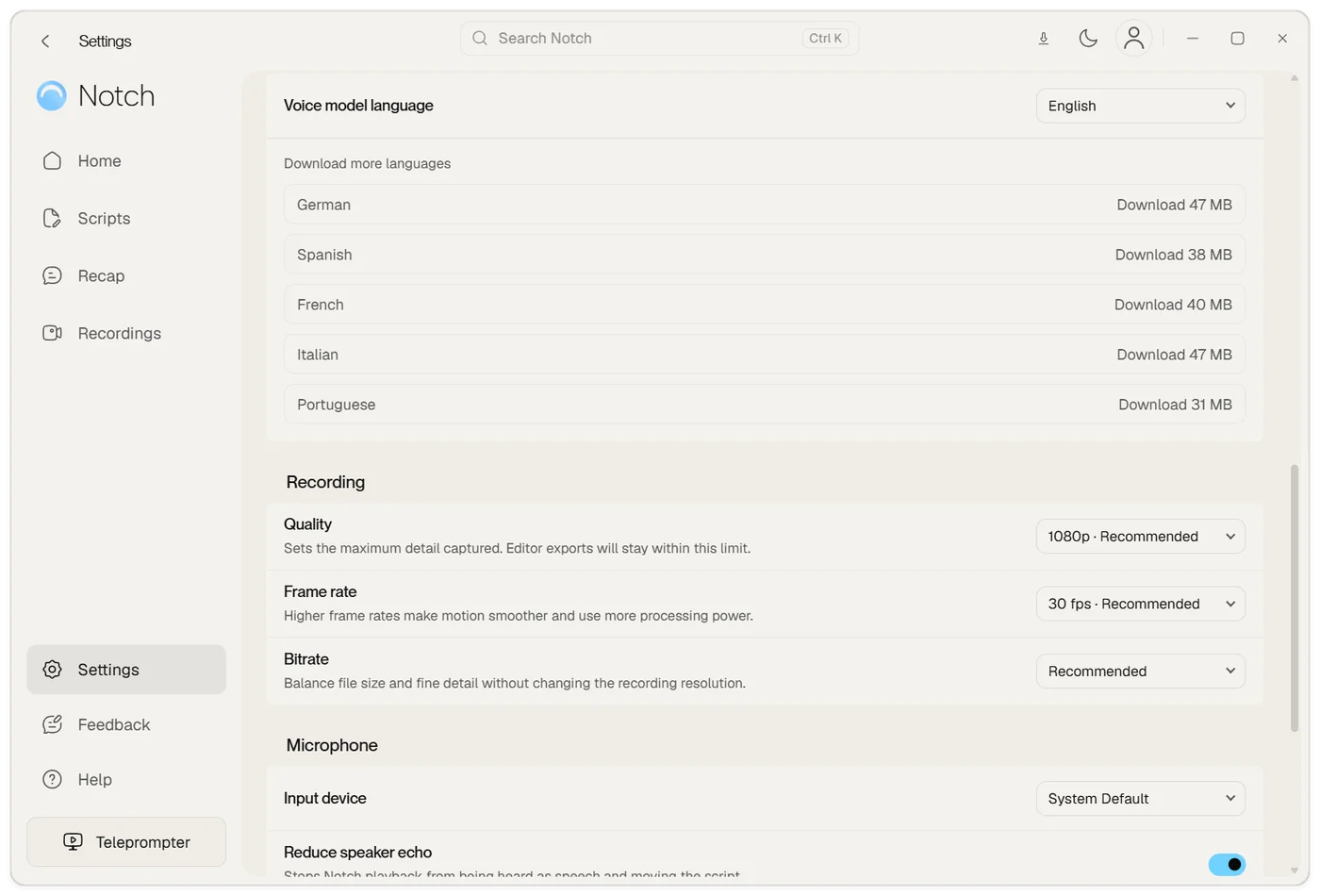 Notch Settings showing Quality, Frame rate and Bitrate under Recording