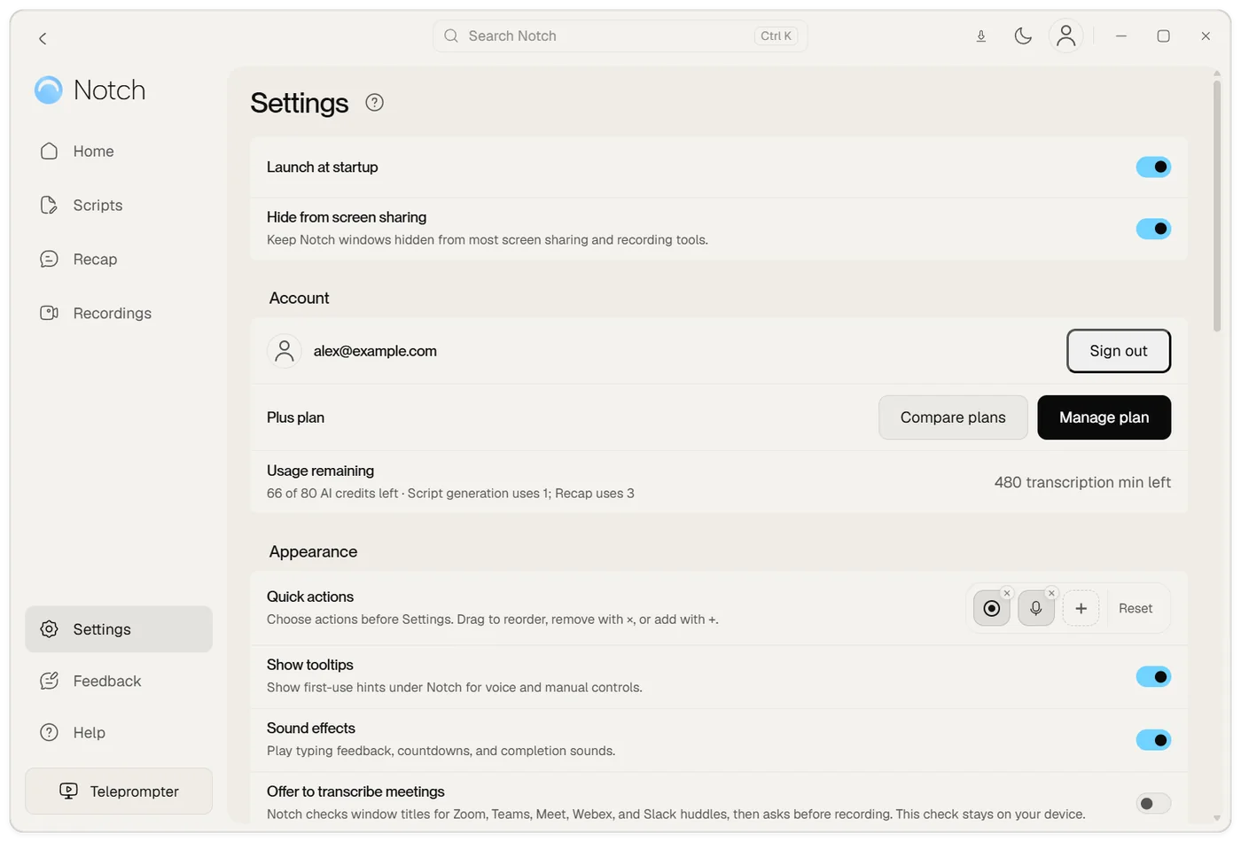 Notch Settings with launch at startup, your account and plan, quick actions, tooltips and sound effects