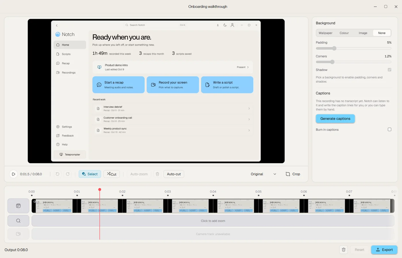 Notch's video editor with the preview on the left, background settings on the right and the timeline below